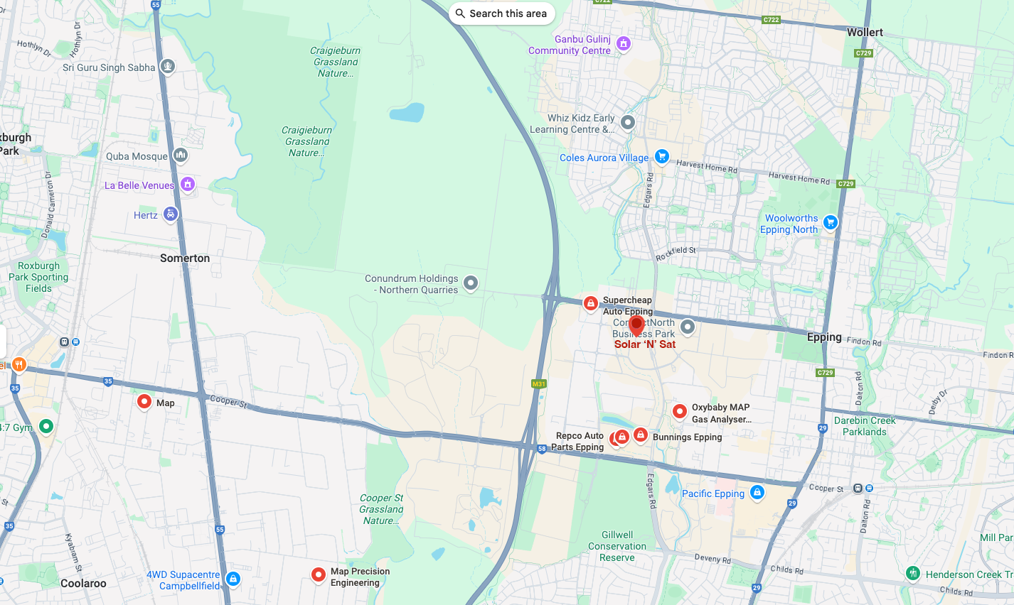 Map indicating Solar N Sat offices in Bundaberg, QLD and Epping, VIC.