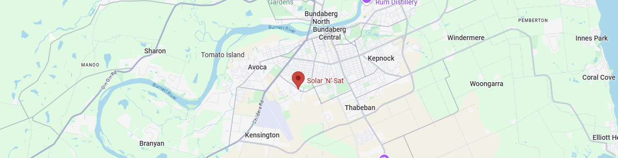 Map showing Shervey Power Products Bundaberg location for solar pumps and off-grid RV power solutions.